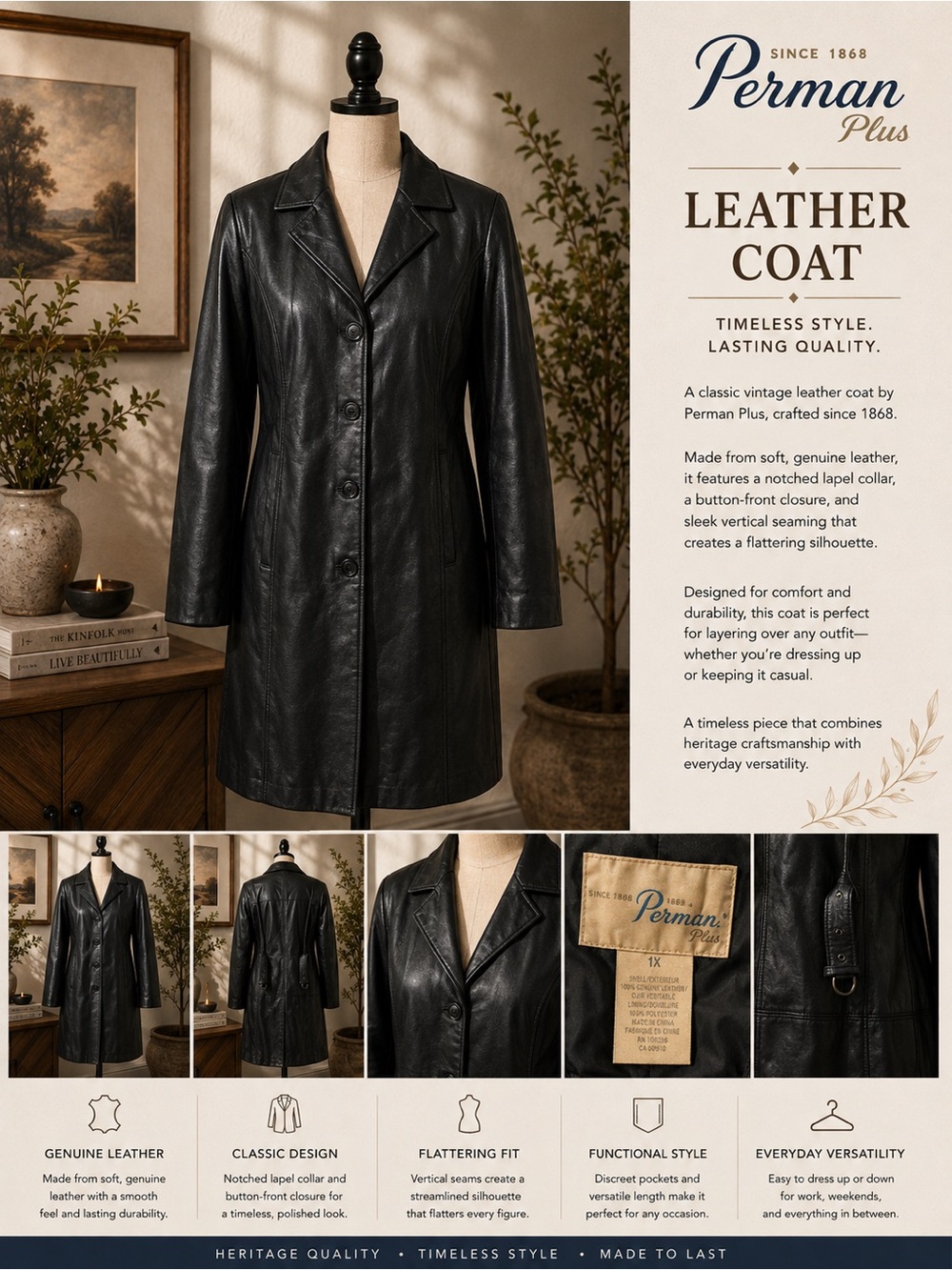 Jones New York Black Leather Button-Front Coat